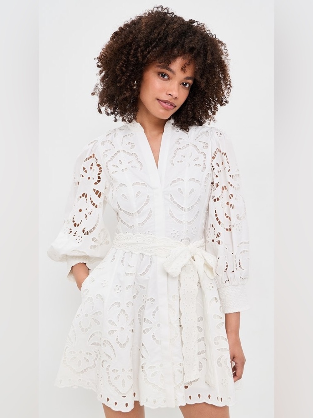 Alice and Olivia Lucy mini embroidered lace belted shirt dress in Off White